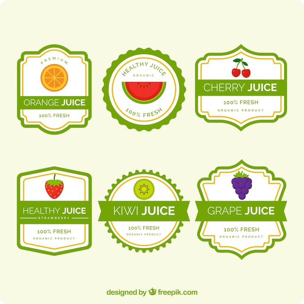 Set of fruit juice labels with green elements