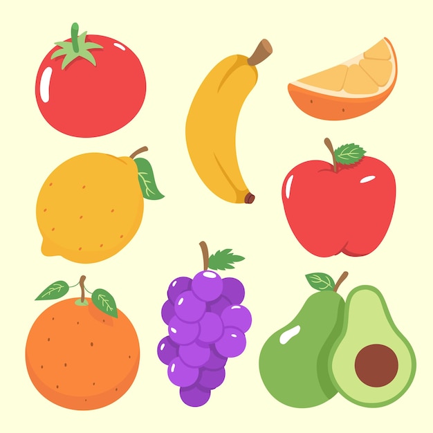 Set of fruits and berries with banana grapes apple and others drawing isolated on white background flat vector illustration