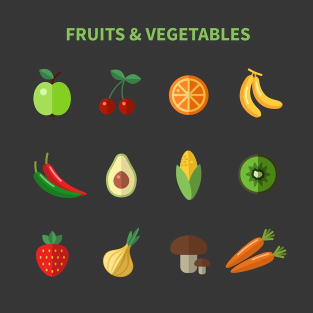 Set of fruits and vegetables flat icons. Apple and cherry, avocado and corn and carrots