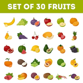 Set di frutta su sfondo bianco banane e mele ciliegia e melone