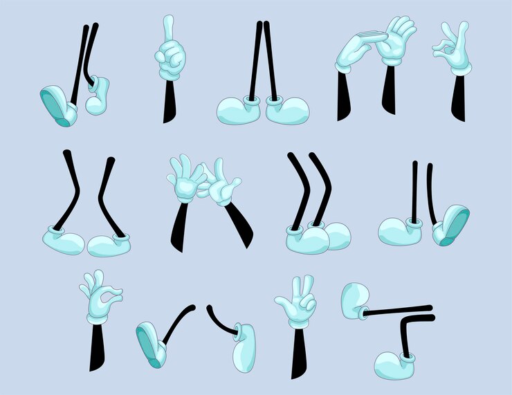 Free Vector set of funny arms and legs. cartoon wrists in white gloves with various gestures, feet of standing, dancing, walking character. cartoon illustration
