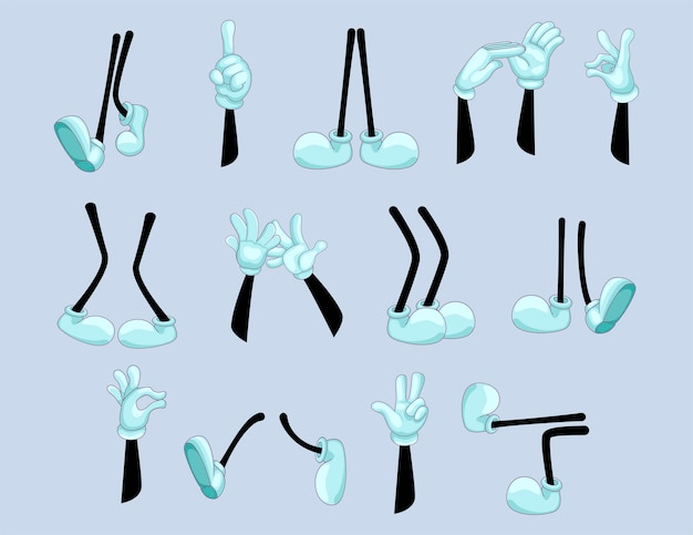 Set of funny arms and legs. cartoon wrists in white gloves with various gestures, feet of standing, dancing, walking character. cartoon illustration