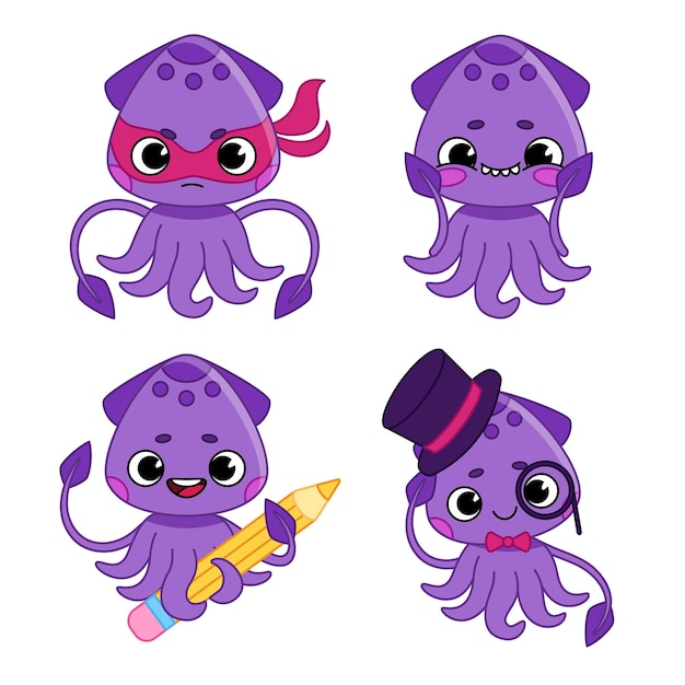 Free vector set of funny cartoon jelly fish character wearing eye mask and cylinder hat, holding pencil, smiling