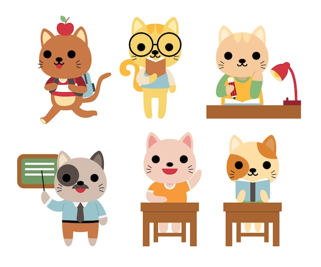 Set of funny cats at school studying, teaching