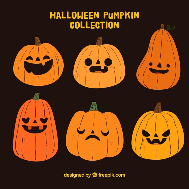Set of funny halloween hand drawn pumpkins
