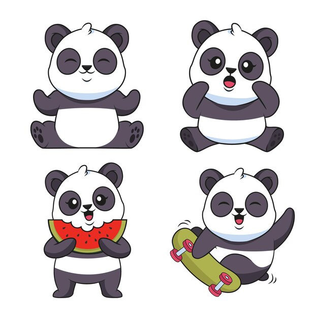 Набор забавных нарисованных от руки детенышей панд, медитирующих, удивительно поедающих арбуз на скейтборде