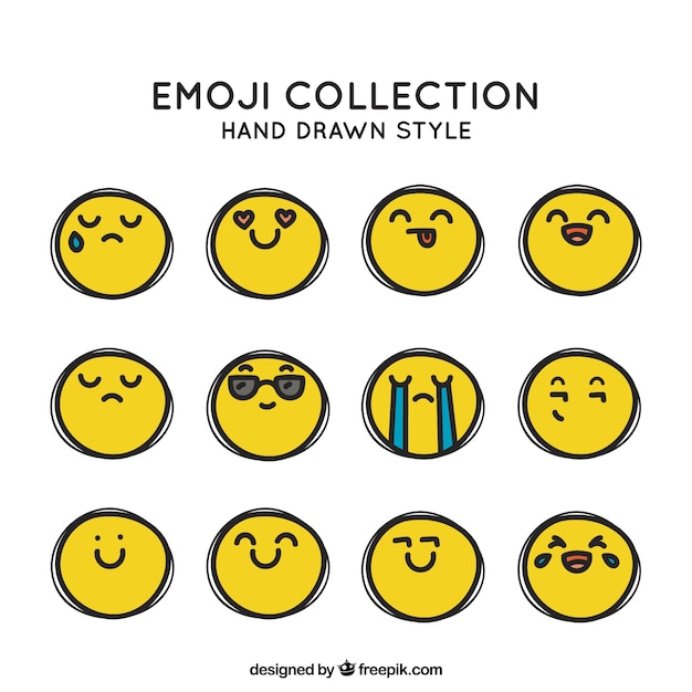 Set of funny smileys in hand drawn style