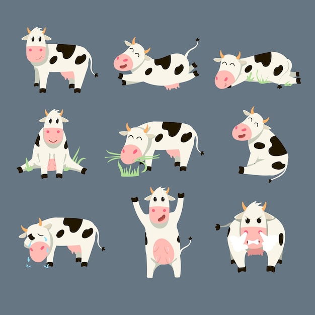 Free vector set of funny spotted cow on grey background. cartoon illustration