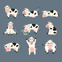 Set of funny spotted cow on grey background. cartoon illustration