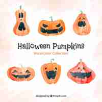 Free vector set of funny watercolor halloween pumpkins