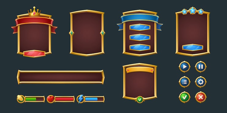 무료 Vector 게임 프레임 및 메뉴 버튼 만화 인터페이스를 설정합니다. 왕관과 배너, ui 또는 gui 디자인 요소가 있는 빈 테두리. 슬라이더, 빨간색 및 녹색 키, 사용자 패널 슬라이더, 설정 격리 벡터 세트