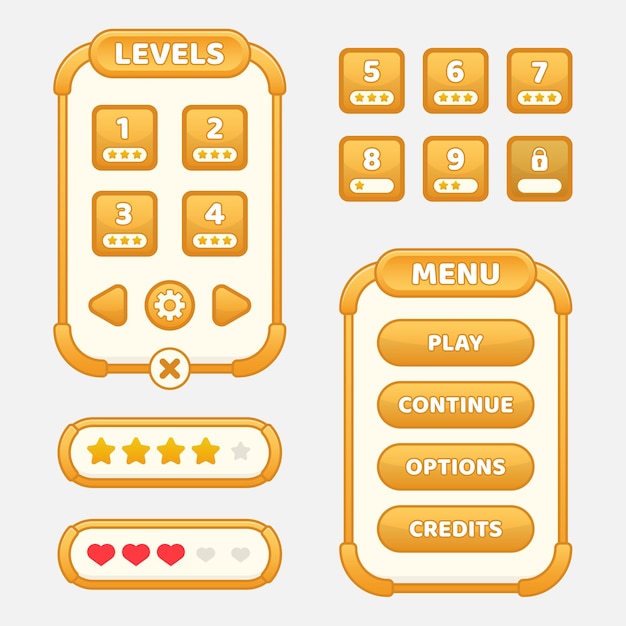 Vettore gratuito set di selezione del menu di gioco per giochi di ruolo e avventura, inclusi menu, selezione di livelli e opzioni.
