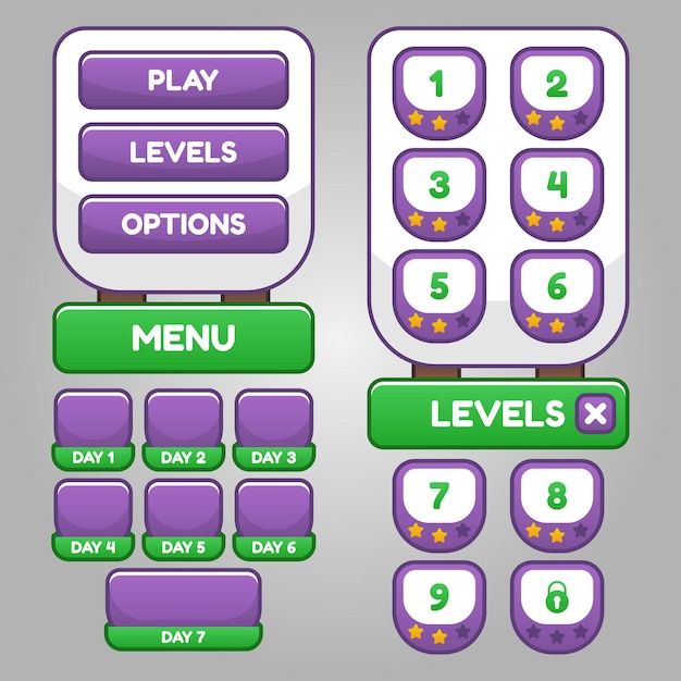 Set of game menu selection for rpg and adventure game, including menu, level selection and options.