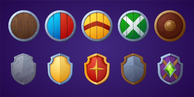 Free vector set of game shields, cartoon fantasy medieval armor of metal and wood. knight ammo, iron or wooden guard collection, ui design elements, military screens front view isolated vector icons, clipart