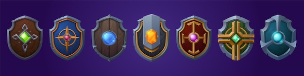 Free vector set of game shields cartoon fantasy medieval armor