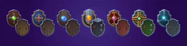 Free vector set of game shields cartoon fantasy medieval armor
