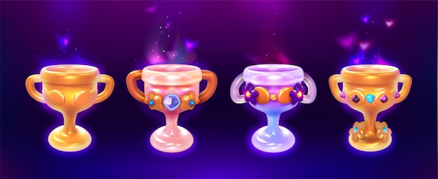 Free vector set of game trophies golden cups with gemstones collection of game props gui design elements award goblets glowing winners awards vector cartoon illustration isolated on dark background