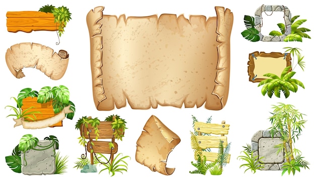 Set gioco tavole di legno carta liana e foglie tropicali piante isolate di giungla e pannelli di cartoni animati