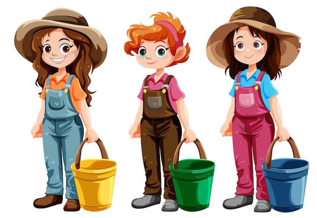 Free vector set of gardener woman cartoon character holding buckey