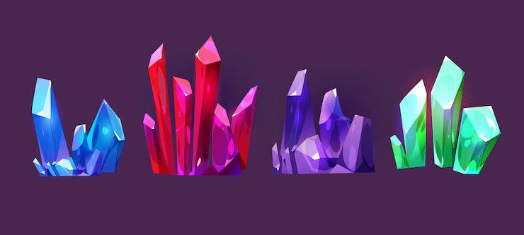 Free Vector set of gem stone crystals isolated on black background vector cartoon illustration of blue diamond or ice red ruby purple amethyst green emerald minerals fantasy treasure cave design elements