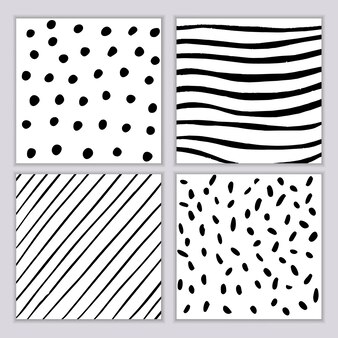 Set of geometric patterns from handdrawn elements of stripes dots circles in black
