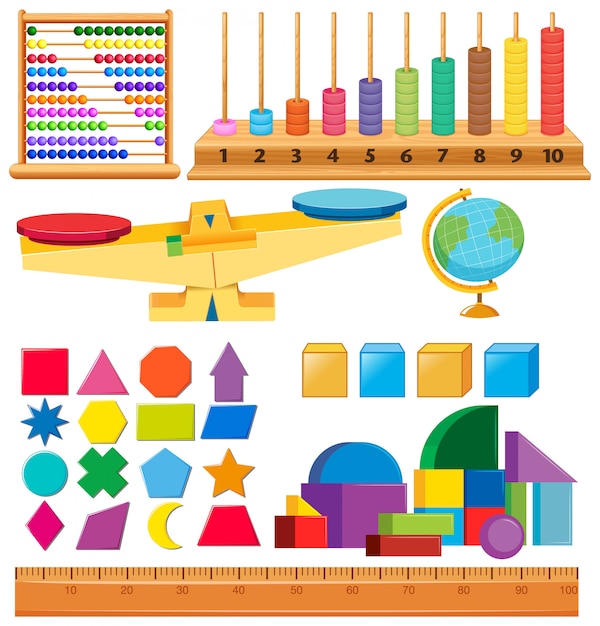 Set of geometry shapes and other school items