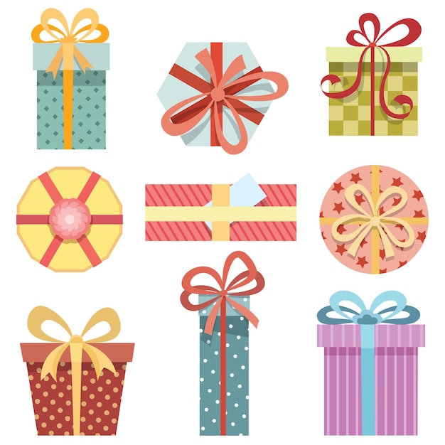 Free vector set of gift boxes in different shapes and different wrapping paper on a white background