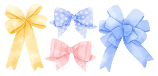 Set of gift ribbons bow illustrations hand painted watercolor styles