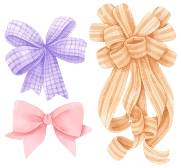 Set of gift ribbons bow illustrations hand painted watercolor styles