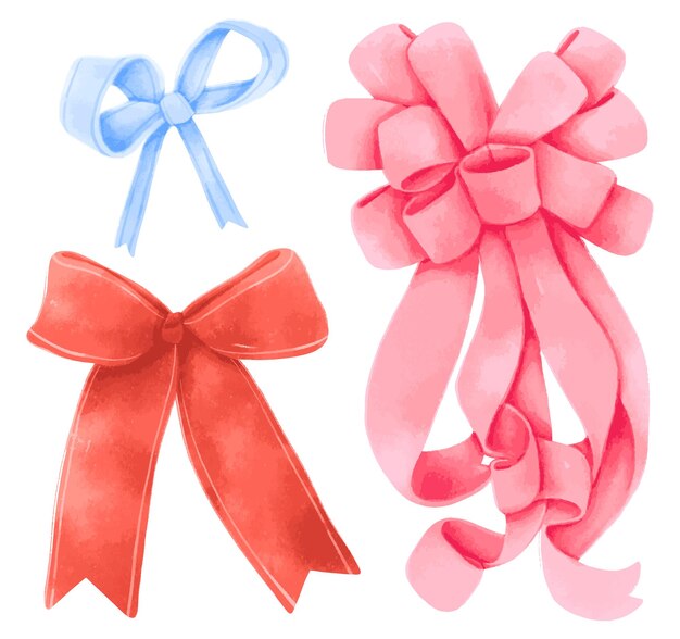 Set of gift ribbons bow illustrations hand painted watercolor styles