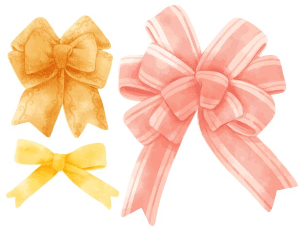 Set of gift ribbons bow illustrations hand painted watercolor styles