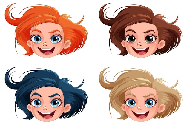 Set of girl cartoon head different hair colour