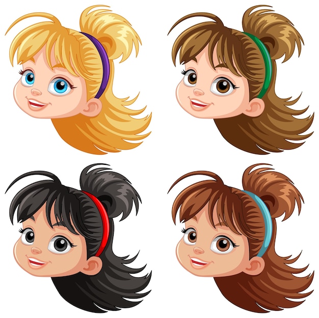 Free vector set of girl cartoon head different hair colour