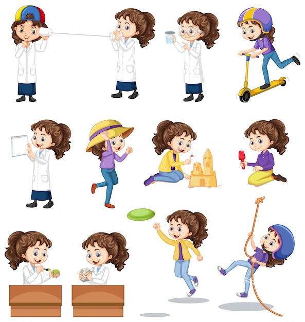 Free vector set of girl doing different activities on white