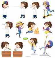 Free vector set of girl doing different activities on white