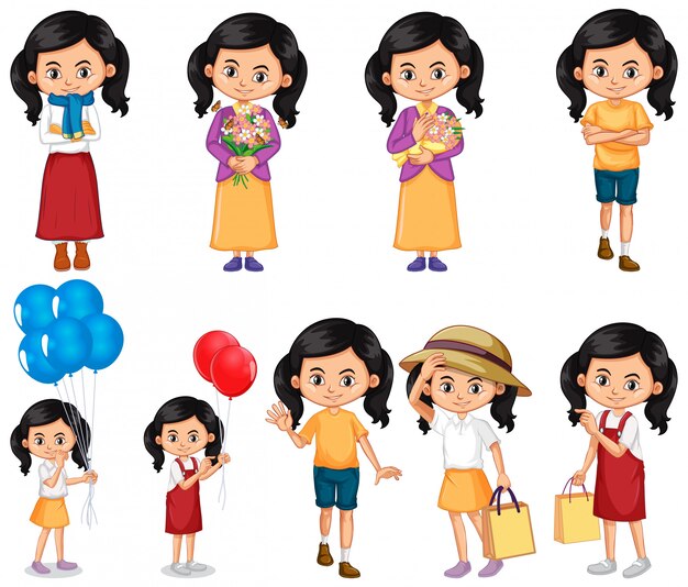 Free vector set of girl doing different activities