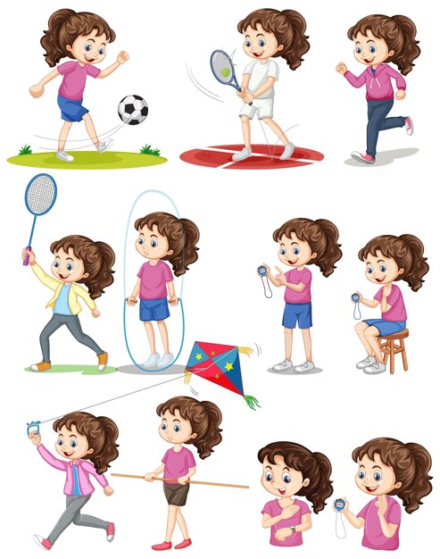 Set of girl doing different types of sports