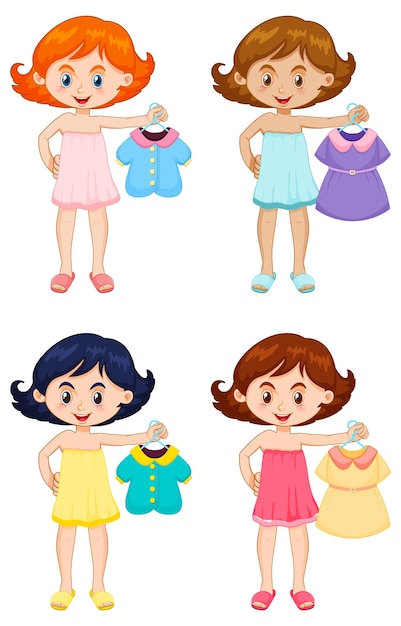 Free vector set of girl picking up the cloth