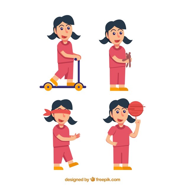 Set of girl playing with different objects