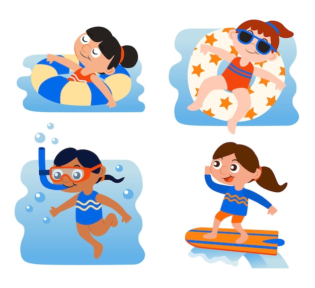 Set of girl wear swimming wear with buoy and surfboard character vector design. presentation in various action with surfing, snorkeling, float with lifebuoy. graphic resource for graphic designer