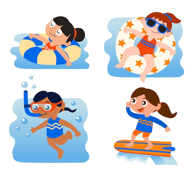 ブイとサーフボードの文字ベクトルデザインで水着を着る女の子のセットです。サーフィン、シュノーケリング、救命浮輪で浮かぶ様々なアクションでのプレゼンテーション。グラフィックデザイナーのためのグラフィックリソース