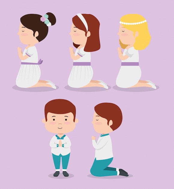 Free Vector set girls and boys to religion first communion