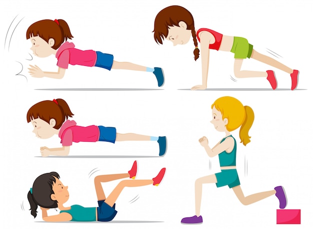 Free vector set of girls doing fitness exercise