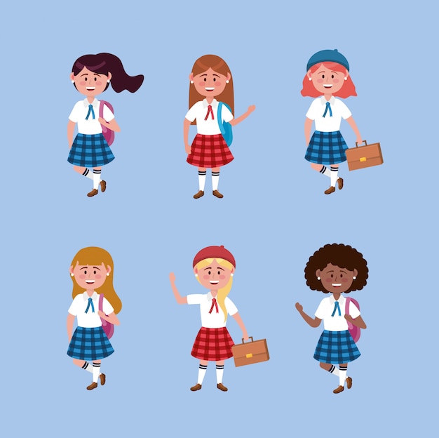 Set of girls students with uniform and backpack