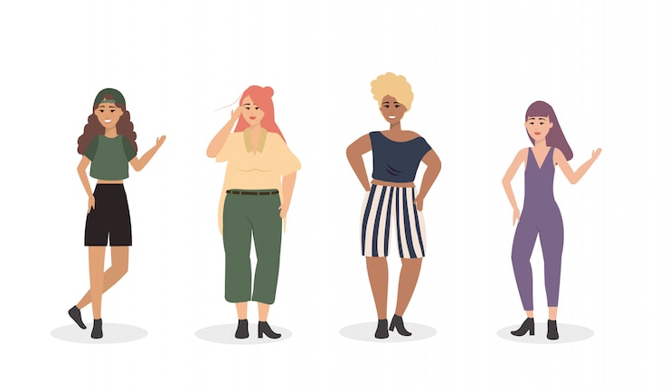 Free Vector set of girls with casual clothes and hairstyle