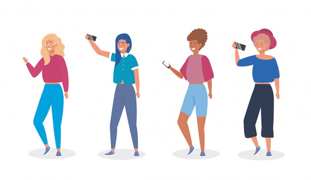 Free vector set of girls with casual clothes and smartphone selfie