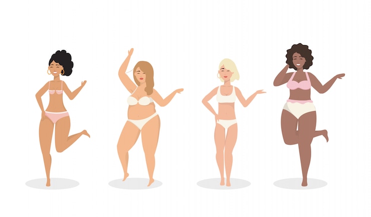 Free Vector set of girls with underclothes and flowers with branches plants