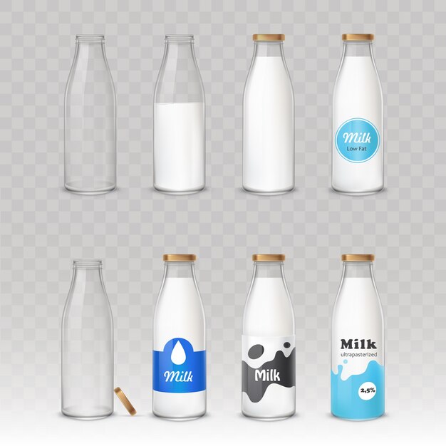 set of glass bottles with milk with different labels.