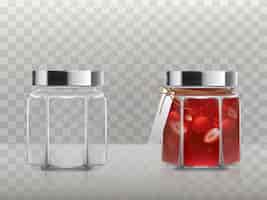 Free vector a set of glass figured jars is empty and with a strawberry jam