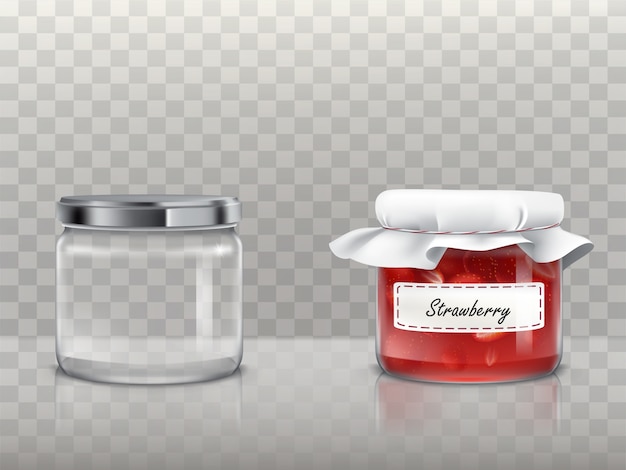 Free vector a set of glass round jars is empty and with strawberry jam